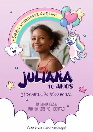 Convite de Aniversário Unicórnio com Foto para Editar Online
