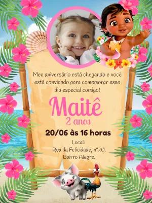 Convite Aniversário Moana Baby com Foto para Editar Online