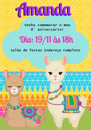 Convite Aniversário Lhama Fofa para Editar Online e Imprimir