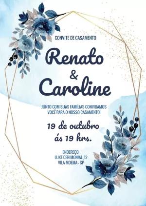 Convite de Casamento Floral Azul Aquarela para Editar Online