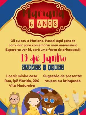 Convite Aniversário A Bela e a Fera para Editar Online