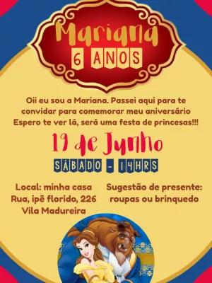 Convite de Aniversário A Bela e a Fera para Editar Online