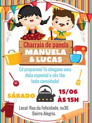 Convite Chá de Panela Junino com Bonecos para Editar Online