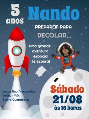 Convite de Aniversário Astronauta com Foto para Editar Online