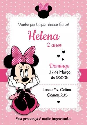 Convite Aniversário Minnie Mouse Rosa com Poá para Editar