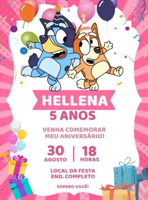 Convite Aniversário Bluey e Bingo Rosa para Editar Online