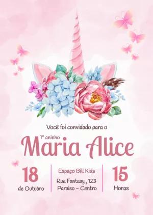 Convite de Aniversário Unicórnio Rosa para Editar Online