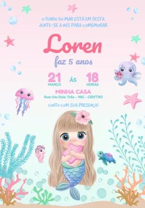 Convite Aniversário Sereia Aquarela para Editar Online