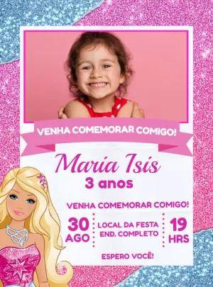 Convite Aniversário Barbie Glitter com Foto para Editar Online