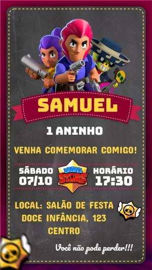 Convite Aniversário Brawl Stars com Personagens para Editar Online