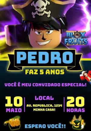 Convite de Aniversário Blox Fruits Roblox para Editar Online