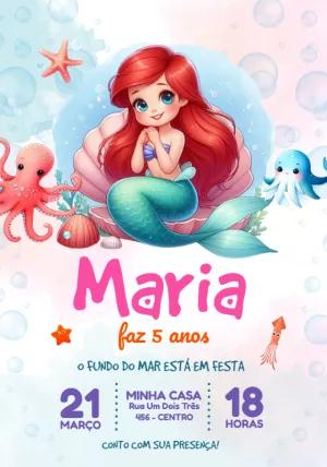 Convite Aniversário Pequena Sereia Ariel para Editar Online