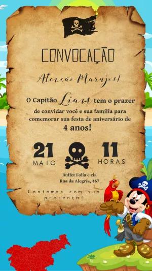 Convite Aniversário Mickey Pirata para Editar Online