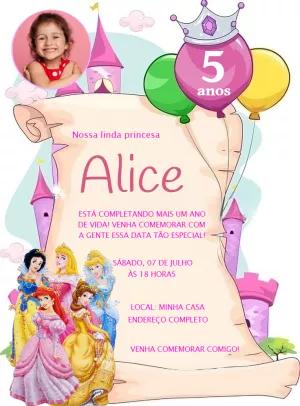 Convite Aniversário Princesas com Foto para Editar Online
