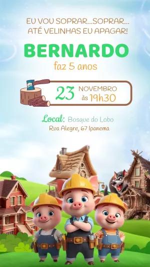 Convite de Aniversário Três Porquinhos para Editar Online