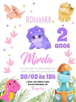 Convite Aniversário Dinossauro Baby Menina para Editar Online