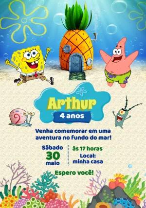 Convite Aniversário Bob Esponja com Personagens para Editar