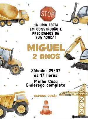 Convite de Aniversário Construção Editável com Tratores
