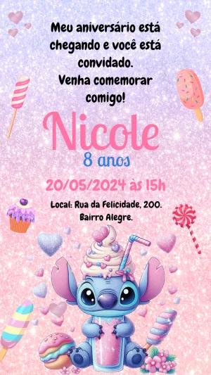 Convite de Aniversário Stitch Rosa Doce para Editar Online