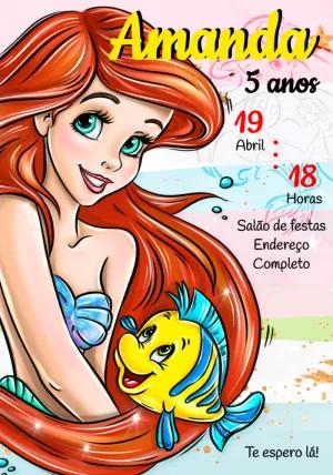 Convite Aniversário Pequena Sereia Ariel para Editar Online