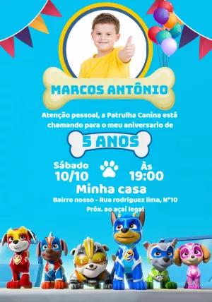 Convite Aniversário Patrulha Canina com Foto para Editar Online