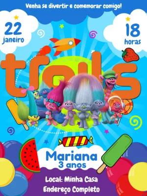 Convite de Aniversário Trolls com Personagens para Editar Online