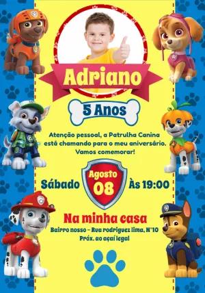 Convite Aniversário Patrulha Canina com Foto para Editar