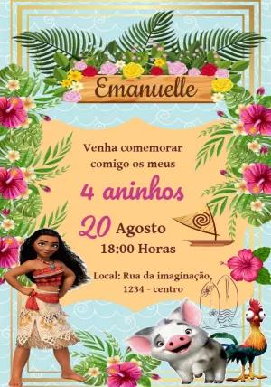 Convite de Aniversário Moana com Personagens para Editar Online