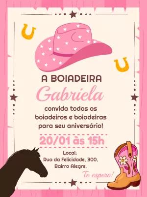 Convite de Aniversário Boiadeira Rosa para Editar Online