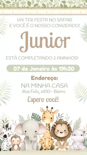 Convite Aniversário Safari com Animais Fofos para Editar Online