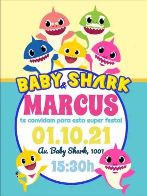 Convite de Aniversário Baby Shark com Personagens para Editar