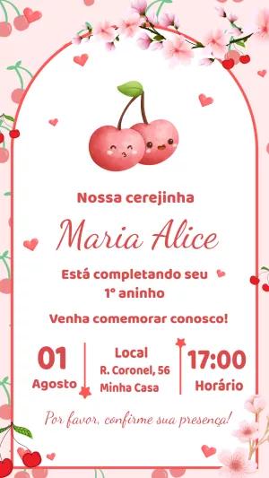 Convite Aniversário Cerejinha Aquarela para Editar Online