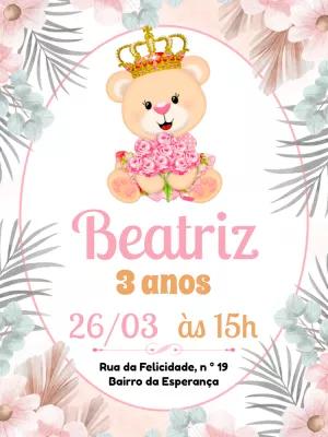 Convite Aniversário Ursinha Princesa Floral para Editar Online