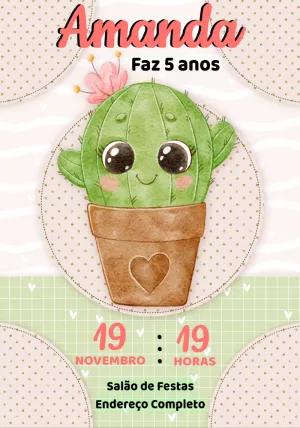 Convite Aniversário Cacto Fofo para Editar Online
