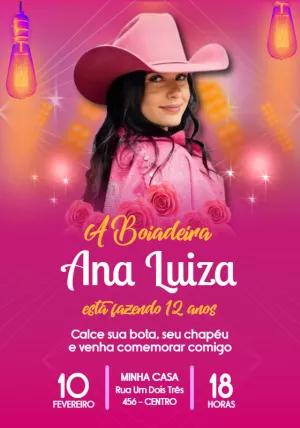 Convite de Aniversário Boiadeira Rosa para Editar Online