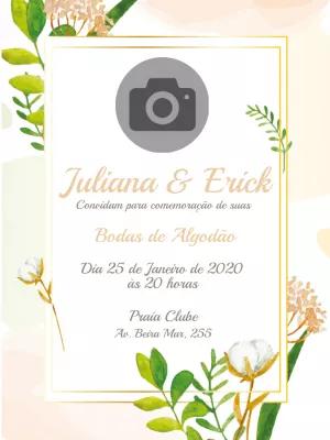 Convite Bodas de Algodão Floral com Foto para Editar Online