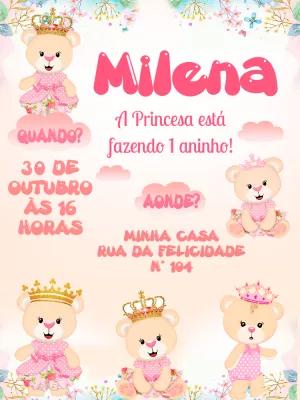 Convite de Aniversário Ursinha Princesa para Editar Online