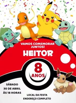 Convite de Aniversário Pokémon com Personagens para Editar Online