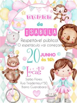 Convite Aniversário Circo Rosa com Animais para Editar Online