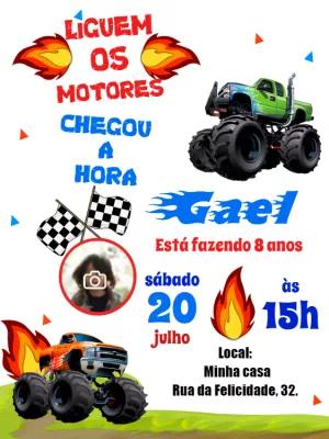 Convite de Aniversário Monster Truck com Foto para Editar Online