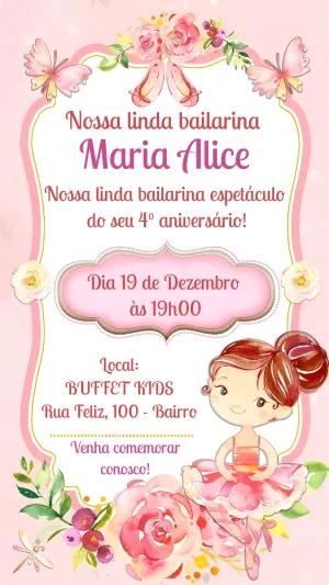 Convite Aniversário Bailarina Delicado para Editar Online
