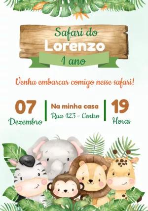 Convite Aniversário Safari Baby com Animais Fofos para Editar