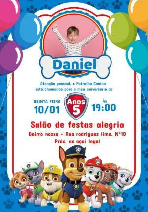 Convite Aniversário Patrulha Canina com Foto para Editar Online