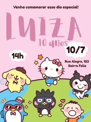Convite Aniversário Hello Kitty e Amigos para Editar Online