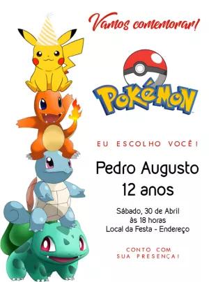 Convite de Aniversário Pokémon com Personagens para Editar Online