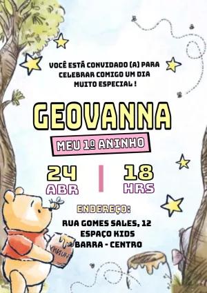 Convite Aniversário Ursinho Pooh Aquarela para Editar Online