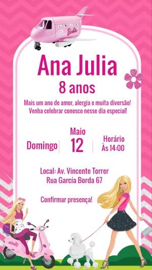 Convite Aniversário Barbie com Avião Rosa para Editar Online