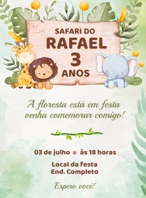 Convite Aniversário Safari com Animais Fofos para Editar Online