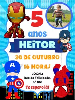 Convite Aniversário Vingadores com Foto para Editar Online