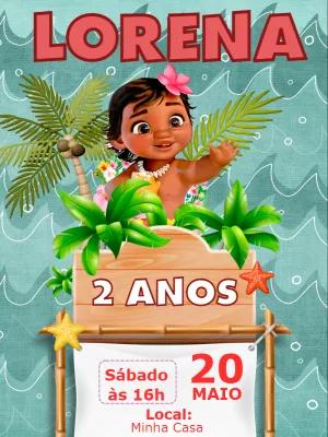Convite Aniversário Moana Baby para Editar Online e Imprimir